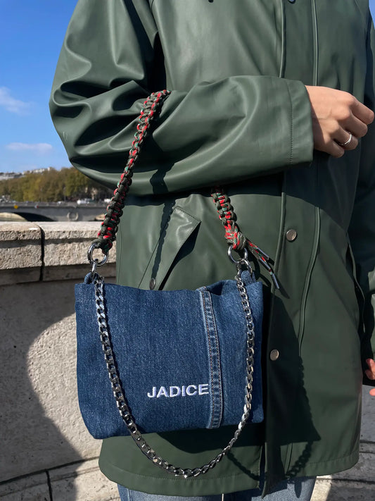 SAC ZEPHYR JEAN BLEU FONCÉ - ANSE MACRAMÉ KAKI ET ROUGE